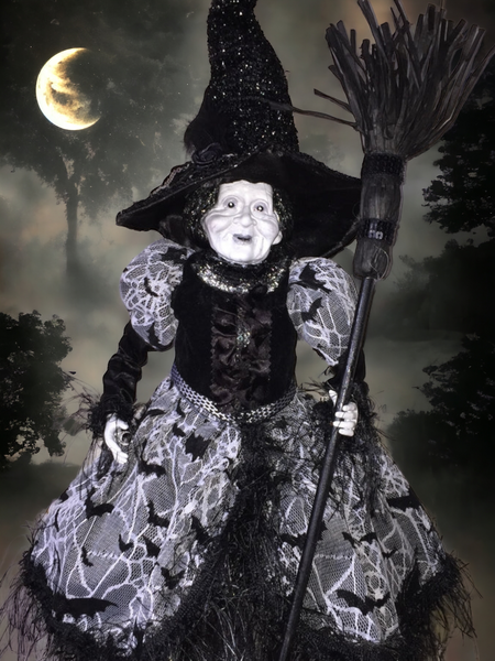Ghoul, white, witch, black, bats, whimsical, doll, halloween